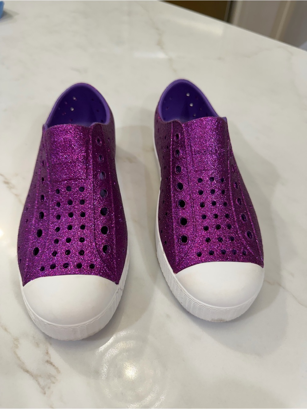 Native Kids' Slip-On Sneakers in Sparkle Purple with White Toe